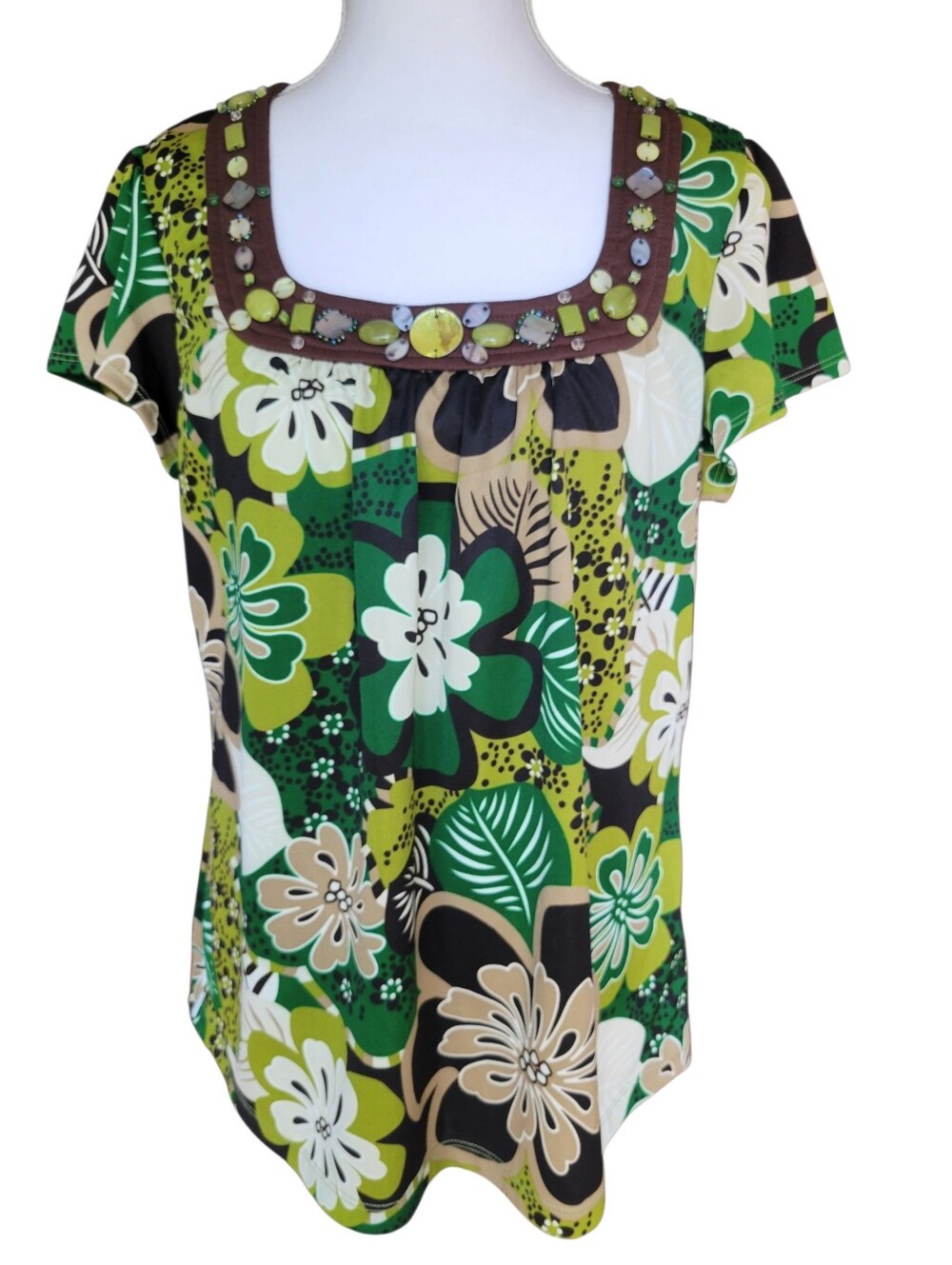 Y2K R.Q.T Green Brown Floral Short Sleeve Blouse With Jeweled Collar